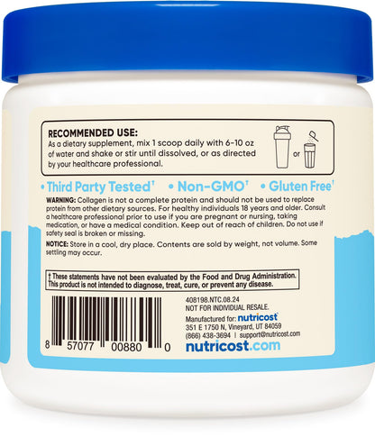Nutricost Collagen Peptides Powder 4 oz (Unflavored) Type I, Type III Collagen - Grass-Fed, Gluten Free and Non-GMO Nutricost
