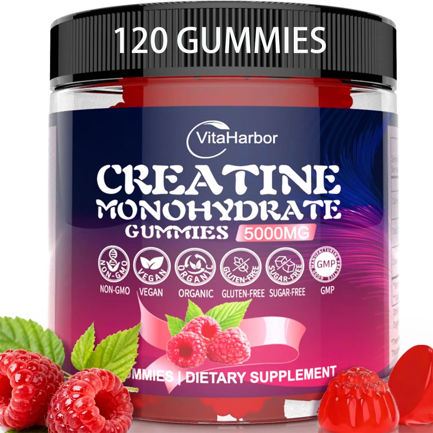 Creatine Monohydrate Gummies 5000mg for Men & Women, Organic Pure Creatine Gummies | Sugar Free,Vegan, Non-GMO,Raspberry Flavor, 120 Count VitaHarbor