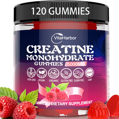 Creatine Monohydrate Gummies 5000mg for Men & Women, Organic Pure Creatine Gummies | Sugar Free,Vegan, Non-GMO,Raspberry Flavor, 120 Count VitaHarbor