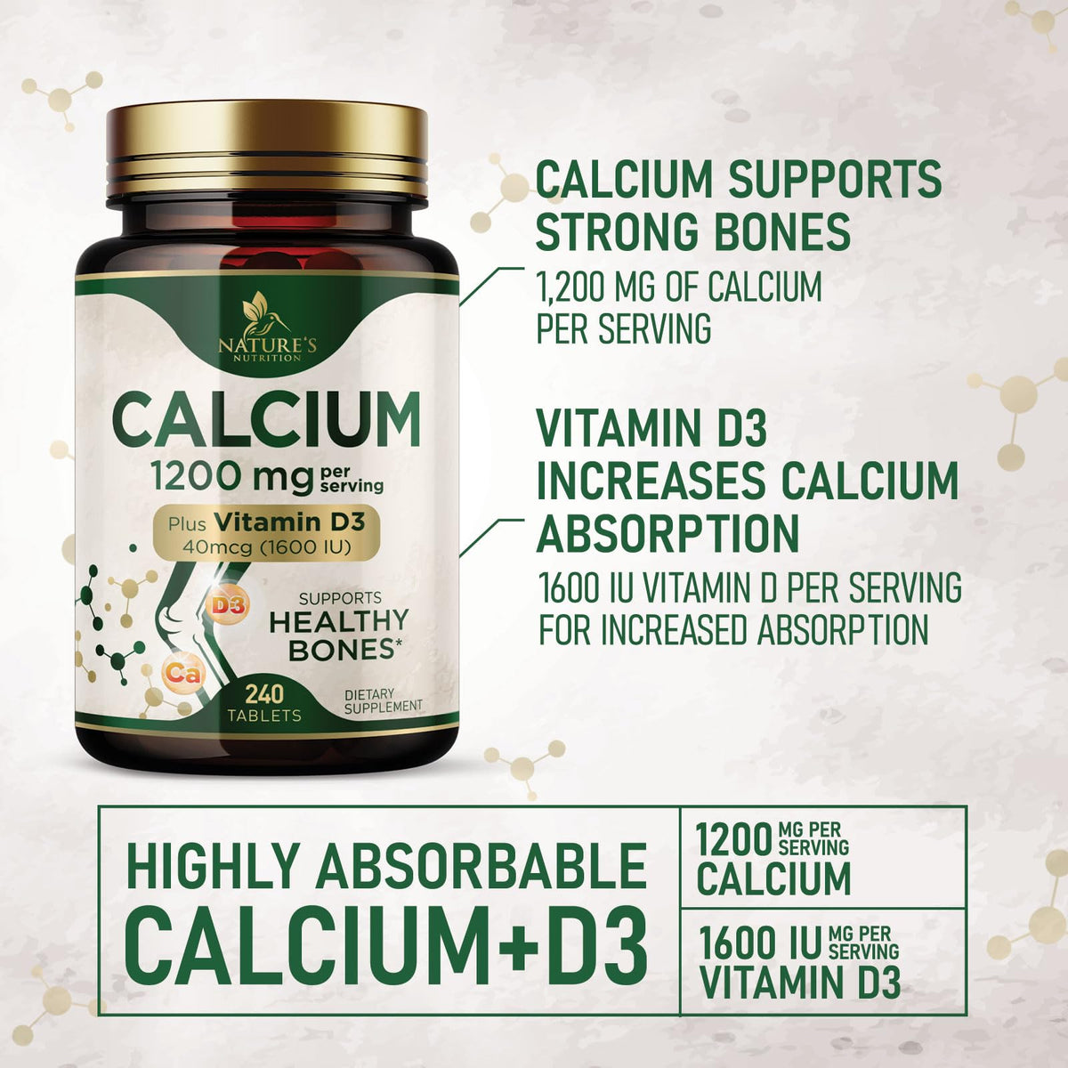 Calcium 1200 mg with Vitamin D3 - Per Serving - Bone Health Supplement - Vitamin D & Calcium Supplements for Women & Men - Bone Strength Support Nature's Nutrition