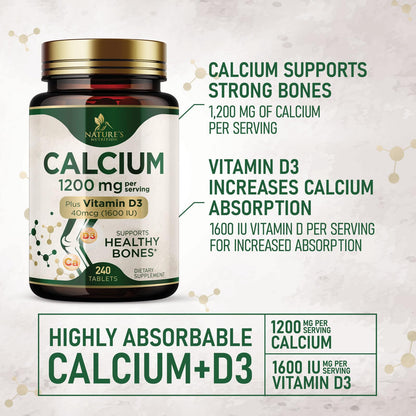 Calcium 1200 mg with Vitamin D3 - Per Serving - Bone Health Supplement - Vitamin D & Calcium Supplements for Women & Men - Bone Strength Support Nature's Nutrition