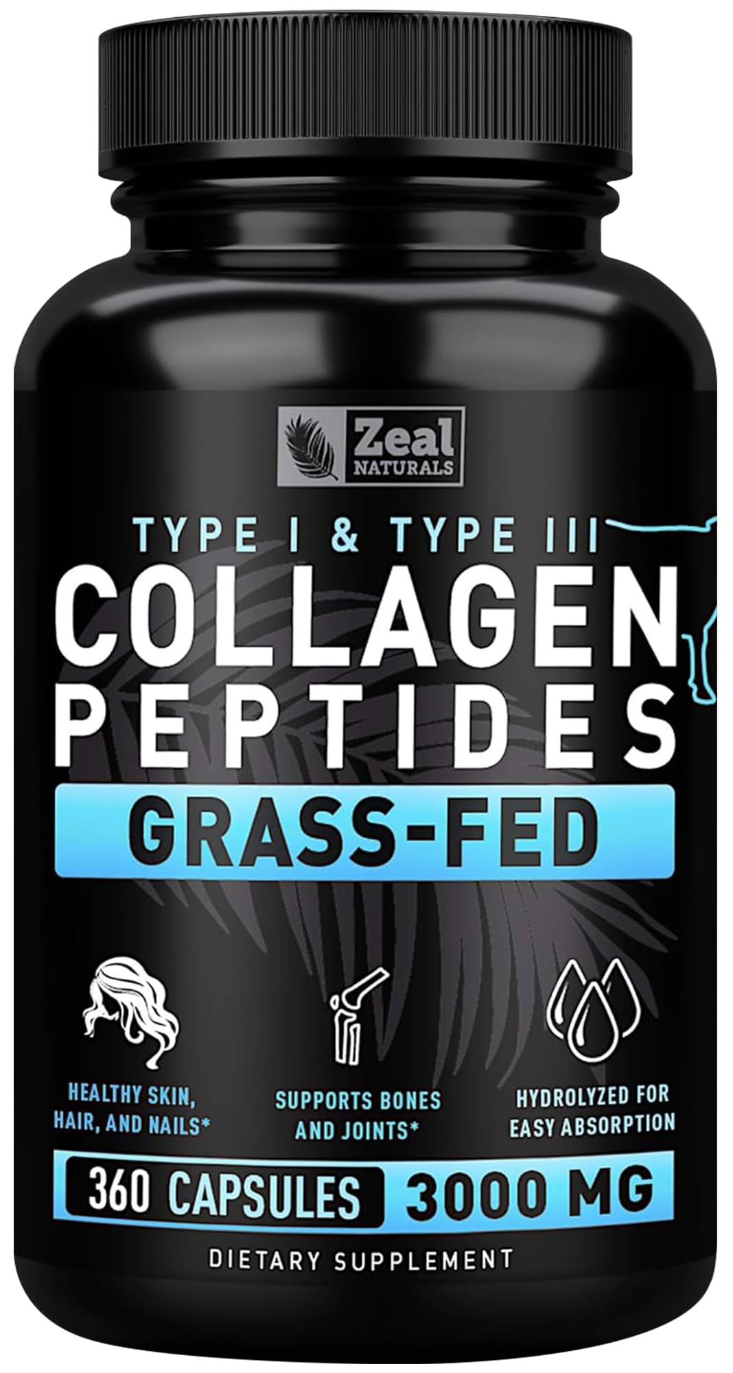 Collagen Peptides Capsules 360 Count - Grass Fed Bovine Hydrolyzed Collagen Pills - Hair, Skin & Nails, Joint Support - Collagen Supplements for Women & Men Zeal Naturals
