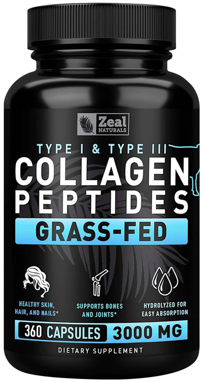 Collagen Peptides Capsules 360 Count - Grass Fed Bovine Hydrolyzed Collagen Pills - Hair, Skin & Nails, Joint Support - Collagen Supplements for Women & Men Zeal Naturals
