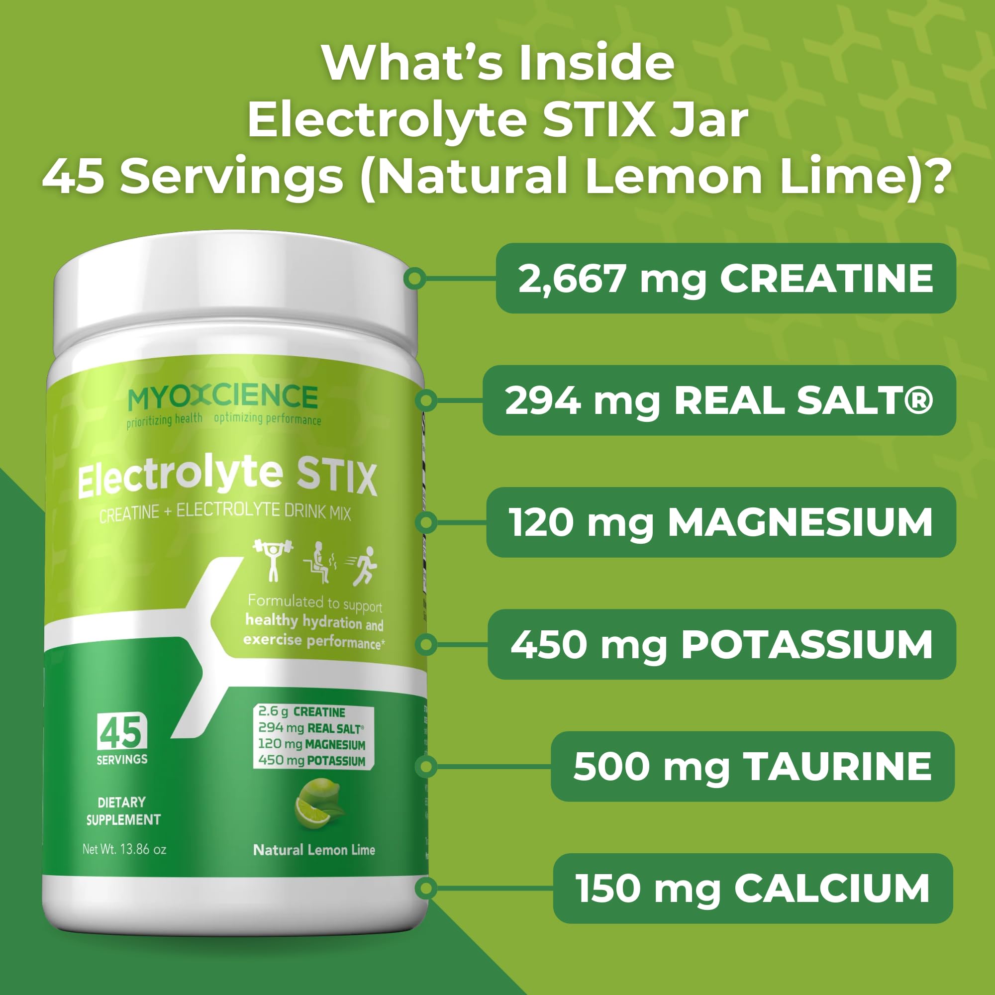 MYOXCIENCE Electrolyte STIX | Creatine Electrolyte Powder | Recovery from Exercise & Muscle Development w/Real Salt (Lemon Lime Flavor) (Jar 45 ct) MYOXCIENCE buy australia supplements