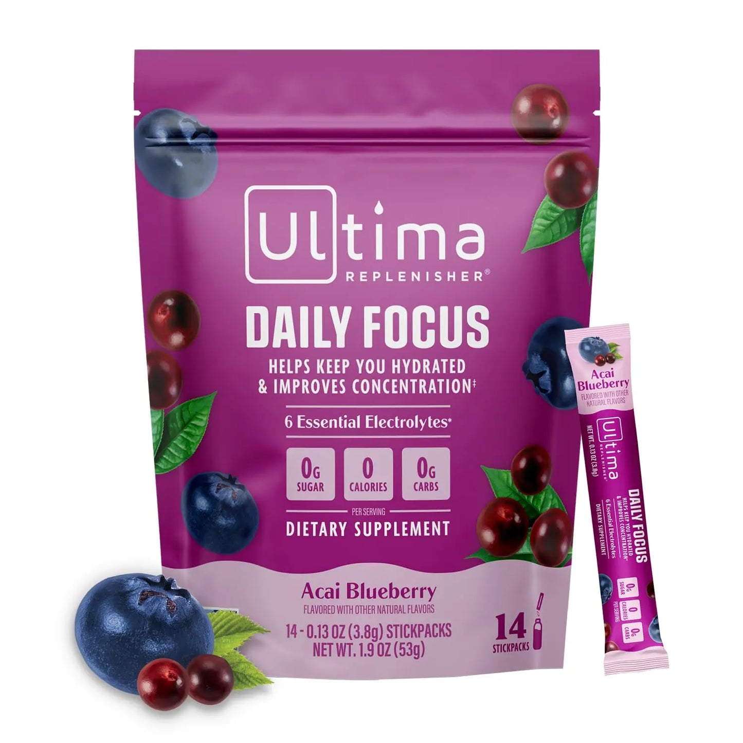 Ultima Replenisher Daily Focus Supplement & Electrolytes Powder - Acai Blueberry, 14 Stickpacks - Hydration Packets, 60mg Caffeine from Green Tea Extract & L-Theanine Ultima Replenisher