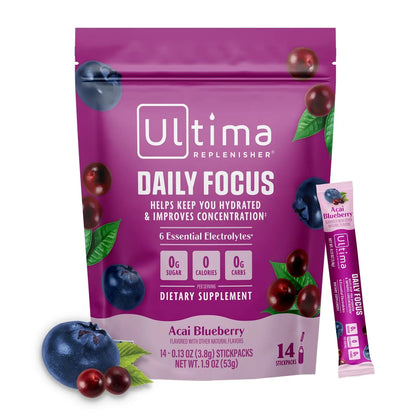 Ultima Replenisher Daily Focus Supplement & Electrolytes Powder - Acai Blueberry, 14 Stickpacks - Hydration Packets, 60mg Caffeine from Green Tea Extract & L-Theanine Ultima Replenisher