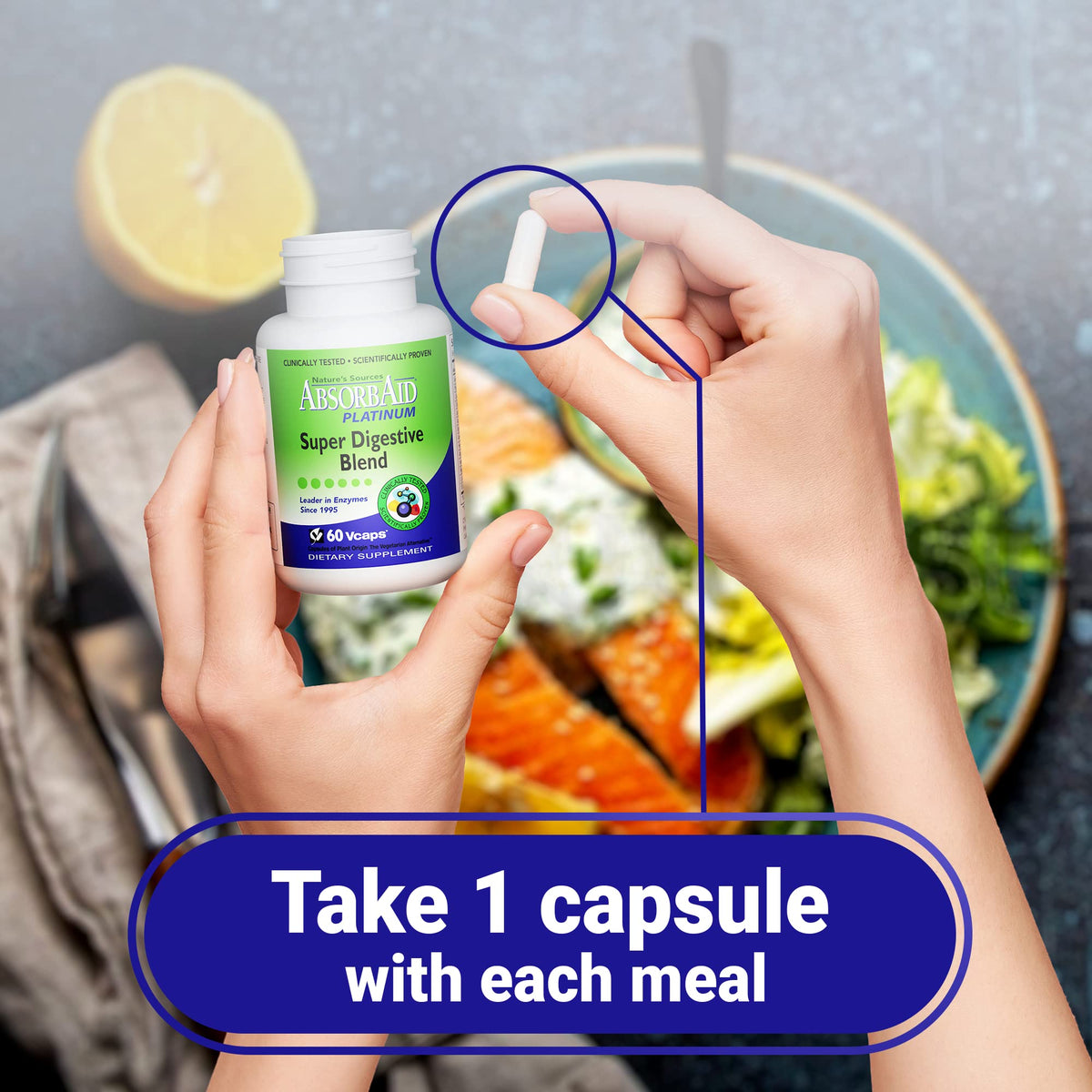 AbsorbAid Platinum Digestive Enzyme Support 60 vCaps, 12 Digestive Enzymes Plus 2 Probiotics for Maximum Relief AbsorbAid