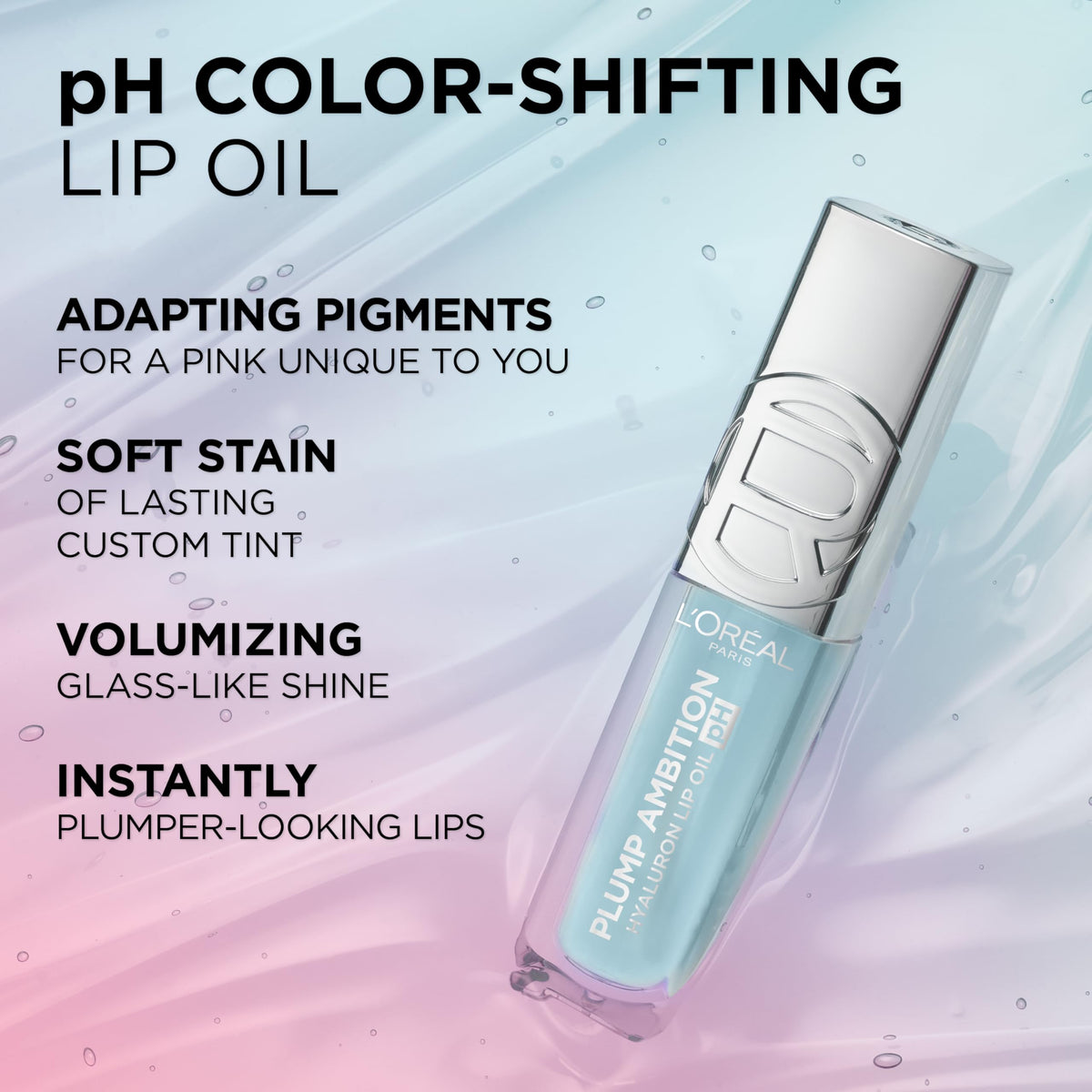 L'Oreal Paris Plump Ambition pH Hyaluron Lip Oil, Color Shifting Lip Tint with 24HR Hydration, Volumizing Shine and Lasting Color, 020 pH Rosé L'Oreal Paris