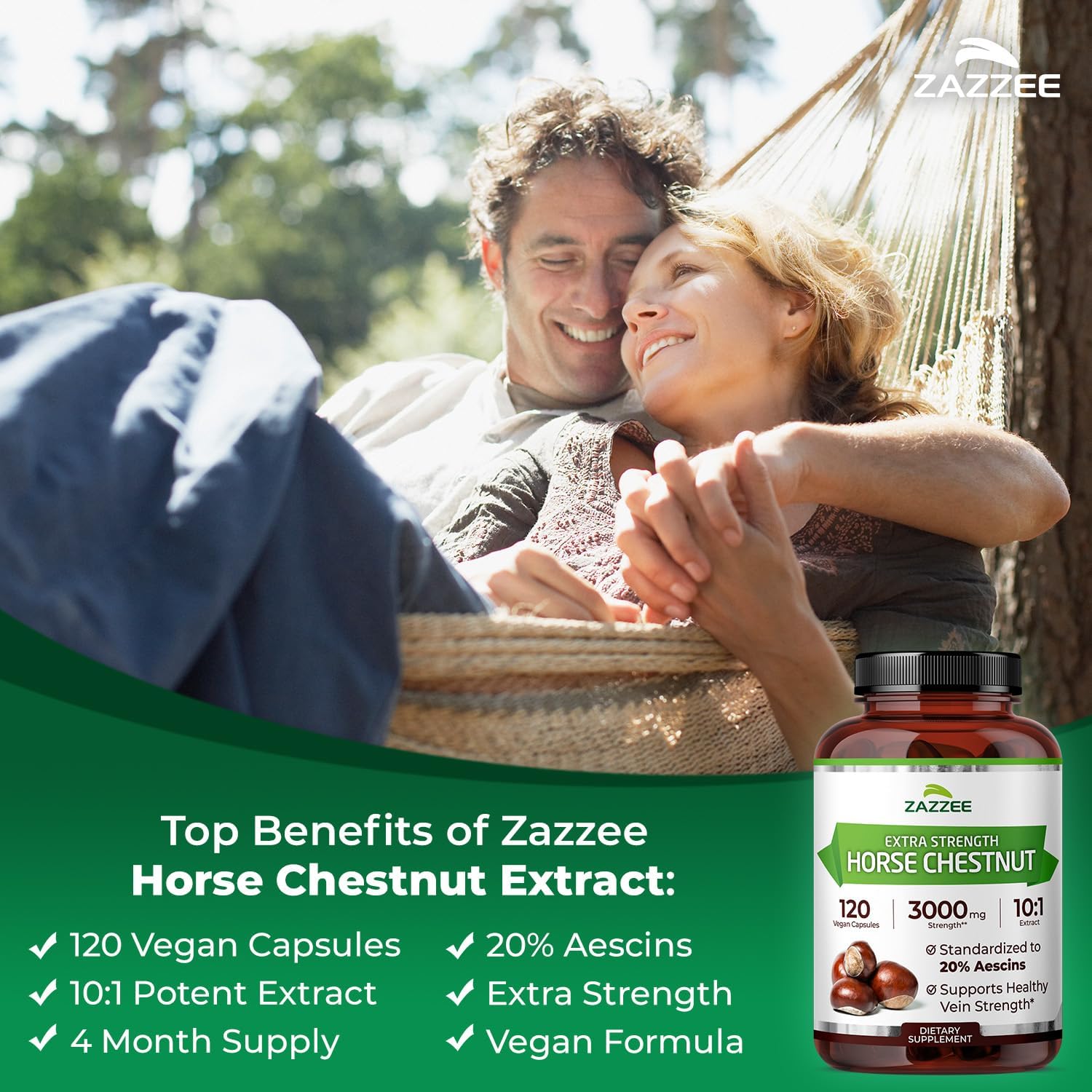 Zazzee Extra Strength Horse Chestnut 10:1 Extract, 20% Aescins, Vegan | 120 Capsules, 4 Month Supply, Aesculus Hippocastanum, Healthy Circulation & Blood Flow Support, Non-GMO, Made in the USA Gsupps Australia