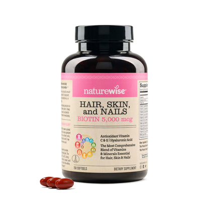 NatureWise Hair Skin and Nails Vitamin, Biotin 5000mcg w/Hyaluronic Acid, Collagen for Women with C, B Complex, D3, A, E, Iron NatureWise