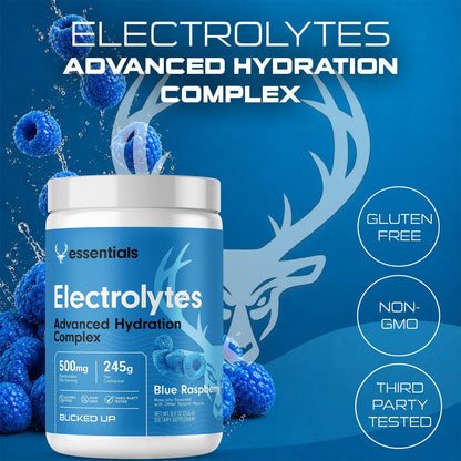Bucked Up Essentials Electrolytes Blue Raspberry | Advanced Hydration Complex with 500 mg Electrolytes Per Serving | Gluten Free Non GMO Third Party Tested Drink Mix | 230g (50 Servings)