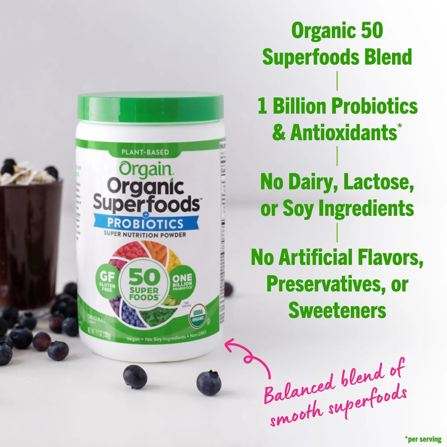 Orgain Organic Greens Powder + 50 Superfoods, Original - 1 Billion Probiotics for Digestive Health, Antioxidants, Vegan, Plant-Based, Gluten-Free, Non-GMO Orgain