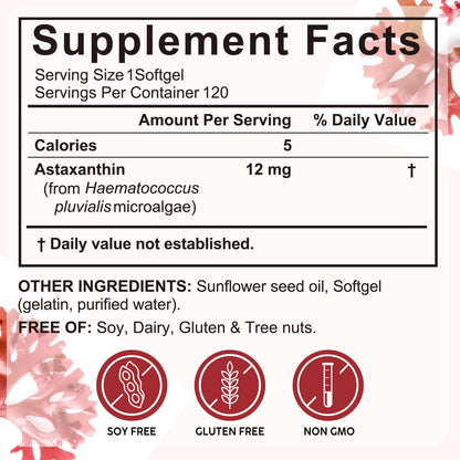 Xaarty Premium Astaxanthin 12mg, Natural Antioxidant Supplement for Eye, Joint, Skin Health,Microalgae Source, 4 Month Supply Xaarty