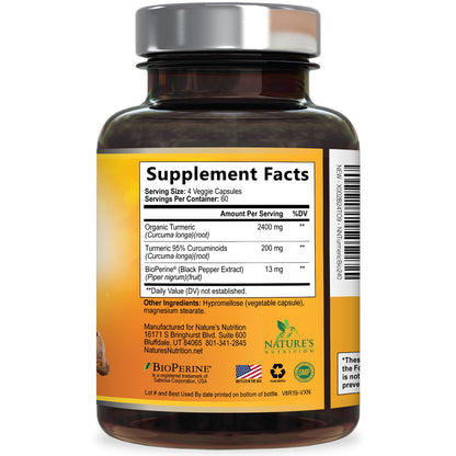 Turmeric Curcumin Supplement - 2400mg Organic Turmeric Per Serving - 95% Curcuminoids & BioPerine Black Pepper Extract for Best Absorption - Natural Vegan Joint Support Nature's Nutrition