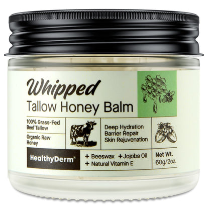 Beef Tallow Honey Balm for Skin: 100% Grass Fed Whipped Organic Moisturizer with Organic Raw Honey, Jojoba Oil, Vitamin E – Natural Face and Body Care for Mature, Dry or Sensitive Skin, 2oz HealthyDerm