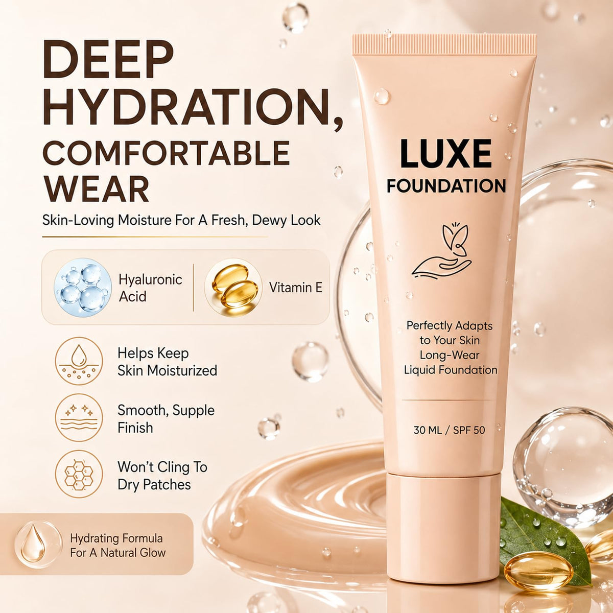 Luxe Foundation for Women, Color Changing Foundation, Hyaluronic Acid & Vitamin E, Creates Flawless Skin, Deep Hydration & Refines Pores for Natural Glow 30 ML LUXE FOUNDATION