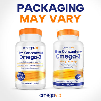 OmegaVia Ultra Concentrated Omega 3 Fish Oil Burpless, 60 Softgels, Triple Strength Omega 3 Fish Oil Supplements, 1135 mg Pure Omega3 OmegaVia