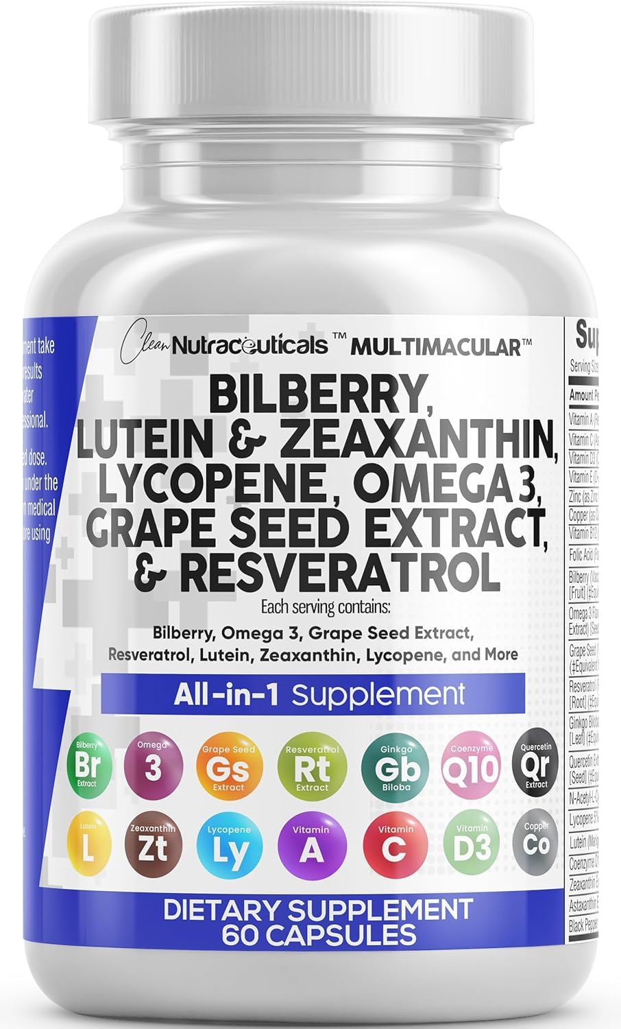 Clean Nutra Eye Vitamins with Bilberry Lutein and Zeaxanthin Supplements Lycopene 40mg Resveratrol Grape Seed Astaxanthin for Eyes - Eye Care Health Support Eye Clean Nutraceuticals