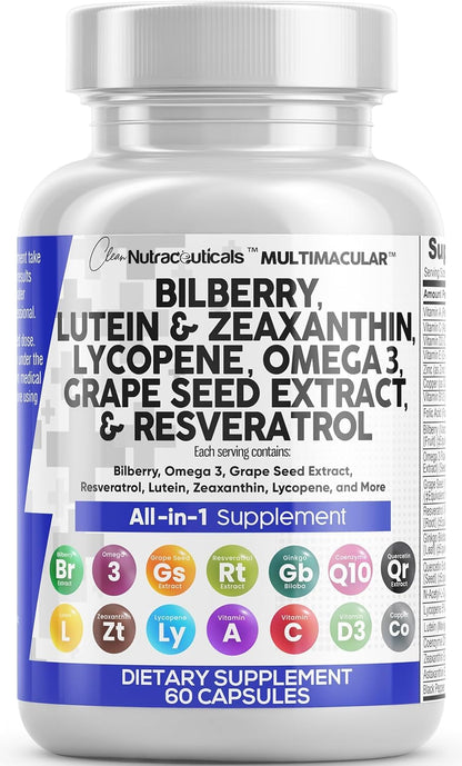 Clean Nutra Eye Vitamins with Bilberry Lutein and Zeaxanthin Supplements Lycopene 40mg Resveratrol Grape Seed Astaxanthin for Eyes - Eye Care Health Support Eye Clean Nutraceuticals