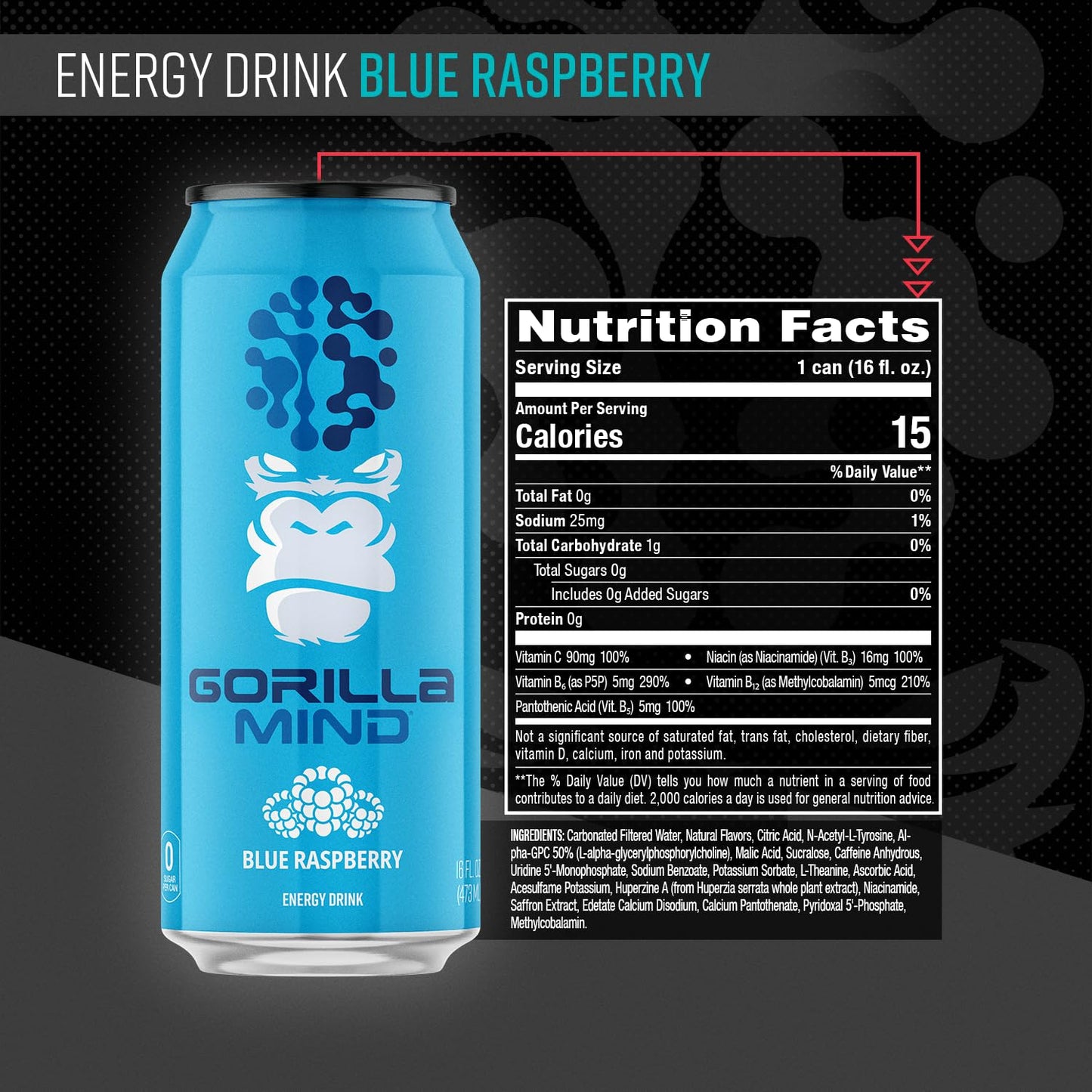 Gorilla Mind Energy Drink | Unmatched Energy · Amplified Focus | N-Acetyl-L-Tyrosine, Alpha-GPC, 200mg Caffeine, Uridine, Saffron | 0 Sugar Or Artificial Colors | 16oz, 12-Pack (Black Cherry Vanilla)
