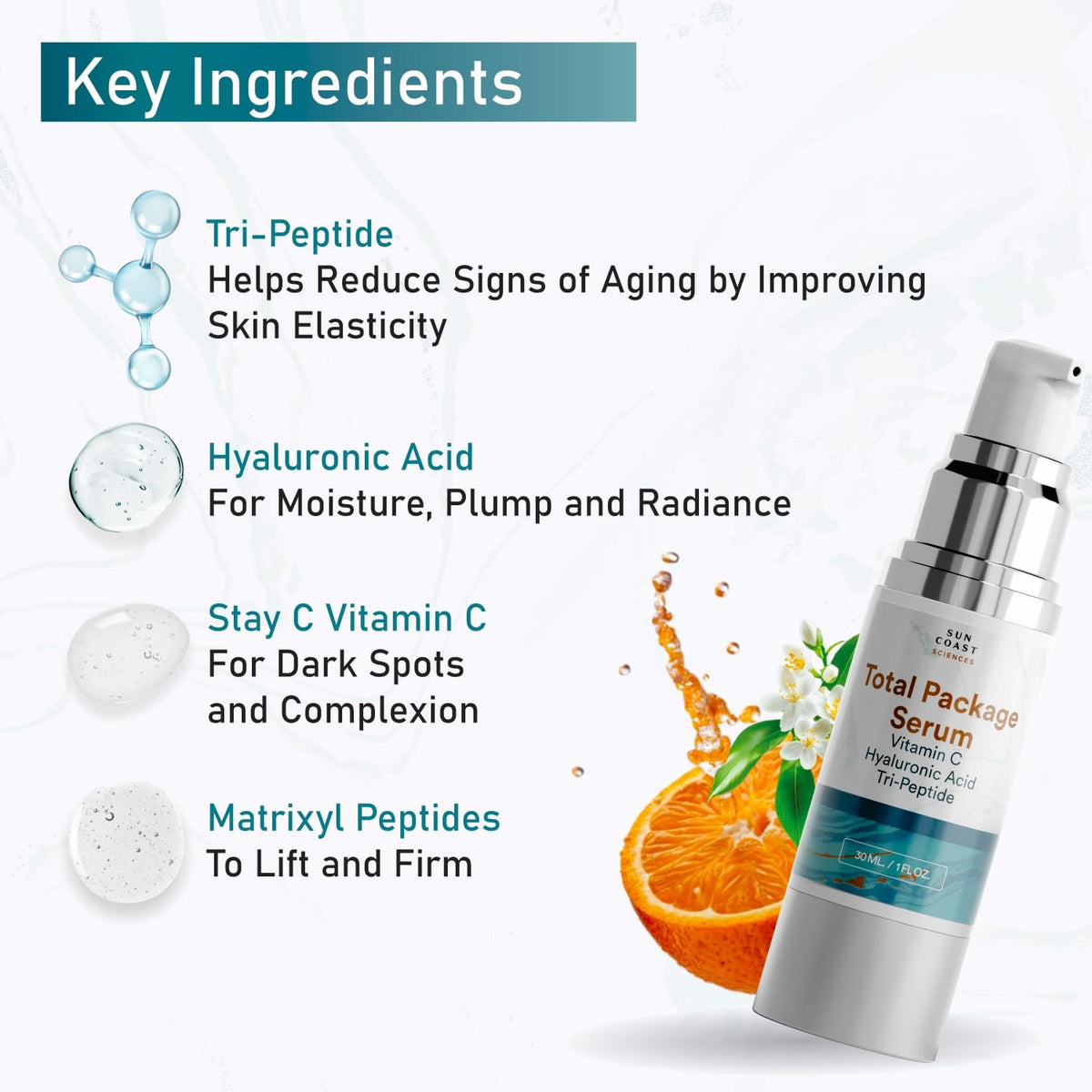 Sun Coast Sciences - Total Package Serum - Vitamin C Serum with Hyaluronic Acid & Peptides for Face - Hydrating Anti Aging Face Serum for Smoother, Firmer Looking Skin - 1 Fl Oz (Pack of 1) SUN COAST SCIENCES