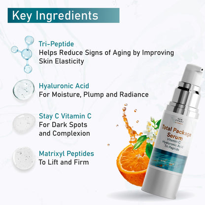 Sun Coast Sciences - Total Package Serum - Vitamin C Serum with Hyaluronic Acid & Peptides for Face - Hydrating Anti Aging Face Serum for Smoother, Firmer Looking Skin - 1 Fl Oz (Pack of 1) SUN COAST SCIENCES