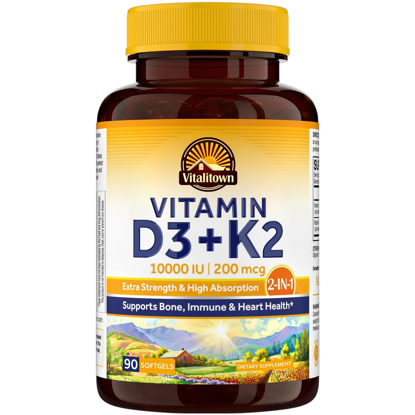 Vitalitown Vitamin D3 K2 Supplement, Vitamin D3 10000 IU Vitamin K2 (MK7) 200 mcg, 90 Softgels, Non-GMO, No Gluten & Soy Vitalitown