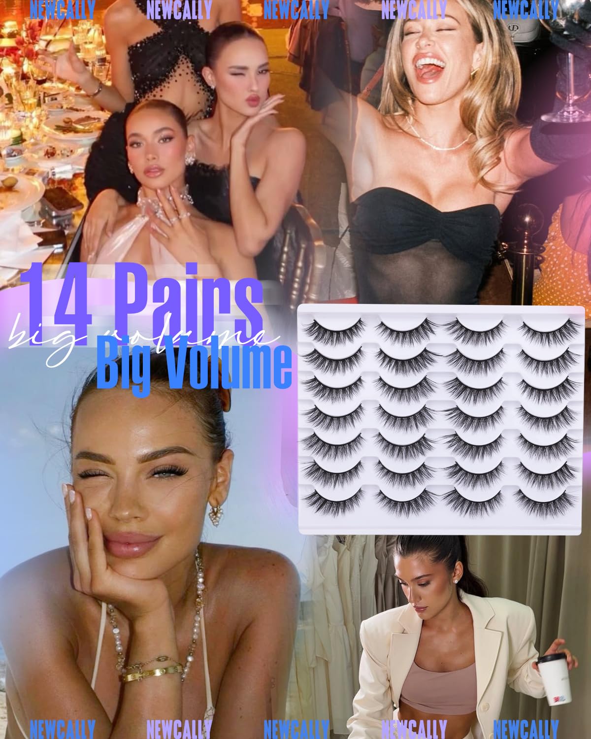 Newcally Lashes False Eyelashes Cat Eyes Wispy Natural Faux Mink Lashes 14 Pairs Pack Light Volume Short Fake Eye Lashes Multipack Newcally