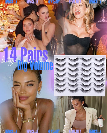 Newcally Lashes False Eyelashes Cat Eyes Wispy Natural Faux Mink Lashes 14 Pairs Pack Light Volume Short Fake Eye Lashes Multipack Newcally