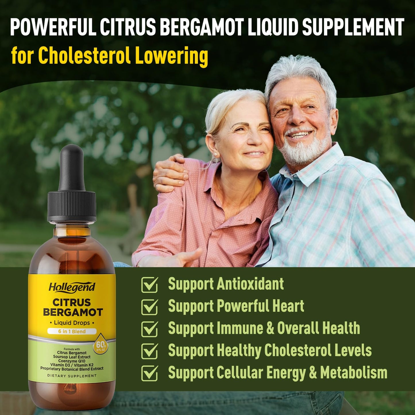 HOLLEGEND Citrus Bergamot Liquid Drops, Organic Citrus Bergamot 1000mg Supplement, Plus Soursop, CoQ10, Vitamin D3, K2, HOLLEGEND