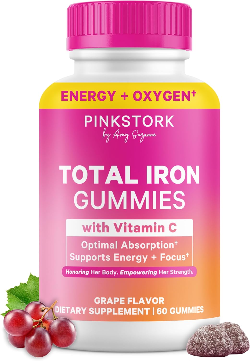 Pink Stork Prenatal Iron Supplement Gummies for Women, 20 mg, 60 Count | With Vitamin C for Absorption, Grape Flavor, Eases Iron Deficiency, Supports Energy + Oxygen Transport