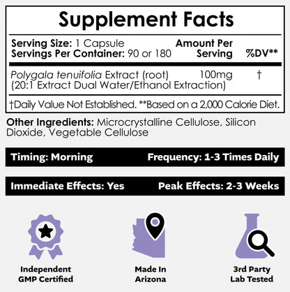 Nootropics Depot Polygala tenuifolia Capsules | 100mg | 90 Count | 20:1 Extract | Yuan Zhi | Promotes Cognitive Function, Learning and Memory | Supports Healthy Stress Levels | Adaptogen Supplement