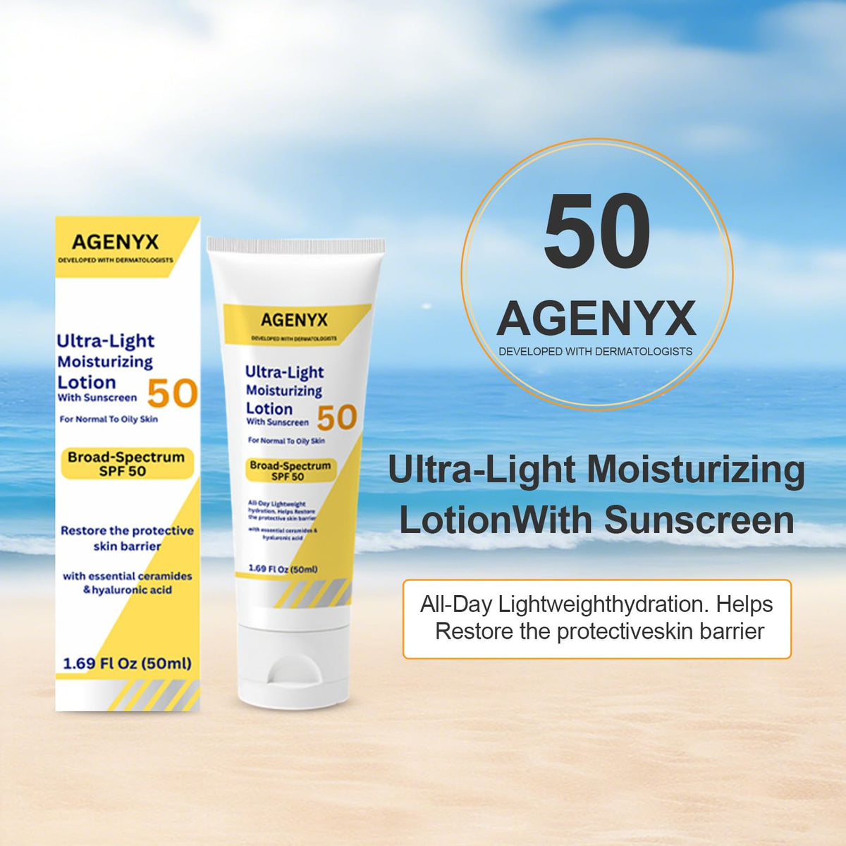 Agenyx Daily Facial Moisturizing Lotion with SPF 50, Hyaluronic Acid, Niacinamide & Ceramides, Oil-Free Face Moisturizer for Normal to Oily Skin, Lightweight Non-Greasy Hydration, 1.7 fl oz Agenyx