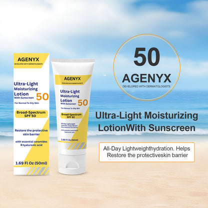 Agenyx Daily Facial Moisturizing Lotion with SPF 50, Hyaluronic Acid, Niacinamide & Ceramides, Oil-Free Face Moisturizer for Normal to Oily Skin, Lightweight Non-Greasy Hydration, 1.7 fl oz Agenyx