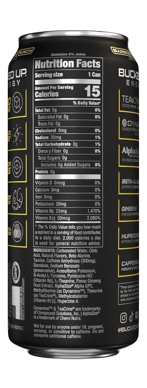 Bucked Up Energy Zero Sugar | 300mg Caffeine Energy Drink with AlphaSize TeaCrine Dynamine and Huperzine A | Zero Sugar Performance Beverage, 12 Pack, 16 fl oz Cans (BKFC Bareknuckle Punch)