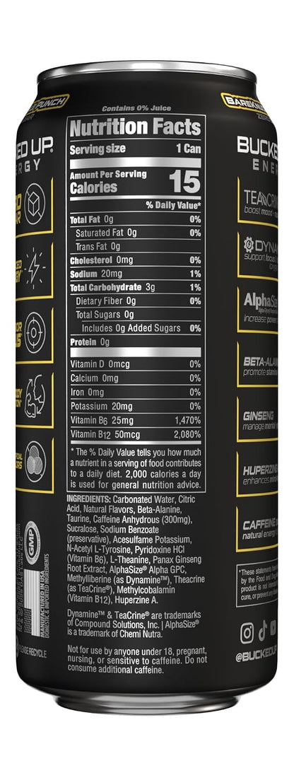 Bucked Up Energy Zero Sugar | 300mg Caffeine Energy Drink with AlphaSize TeaCrine Dynamine and Huperzine A | Zero Sugar Performance Beverage, 12 Pack, 16 fl oz Cans (BKFC Bareknuckle Punch)