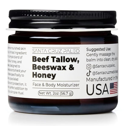 Santa Cruz Paleo, Beef Tallow, Beeswax & Honey Face Moisturizer, Organic, Unscented Grassfed Beef Tallow Skin Care, Sunscreen Free Santa Cruz Paleo