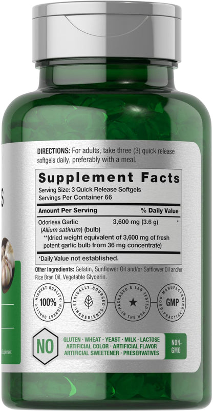 Horbäach Odorless Garlic Softgel Supplement | 200 Count | Ultra Potent Concentrated Herbal Extract | Non-GMO & Gluten Free Horbäach