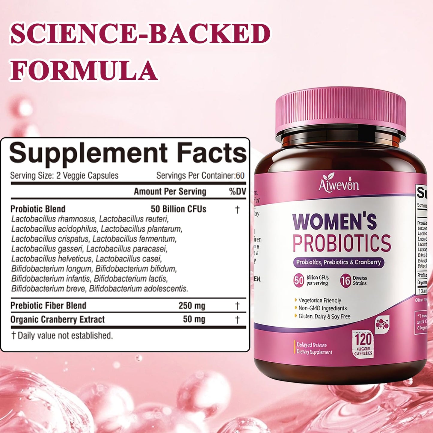 Women Probiotics 50 Billion CFU: Probiotics for Women with Prebiotics & Cranberry, 16 Strain Probiotic Supplement for Digestive Gut Health, Vaginal & Urinary Tract Support Aiwevon