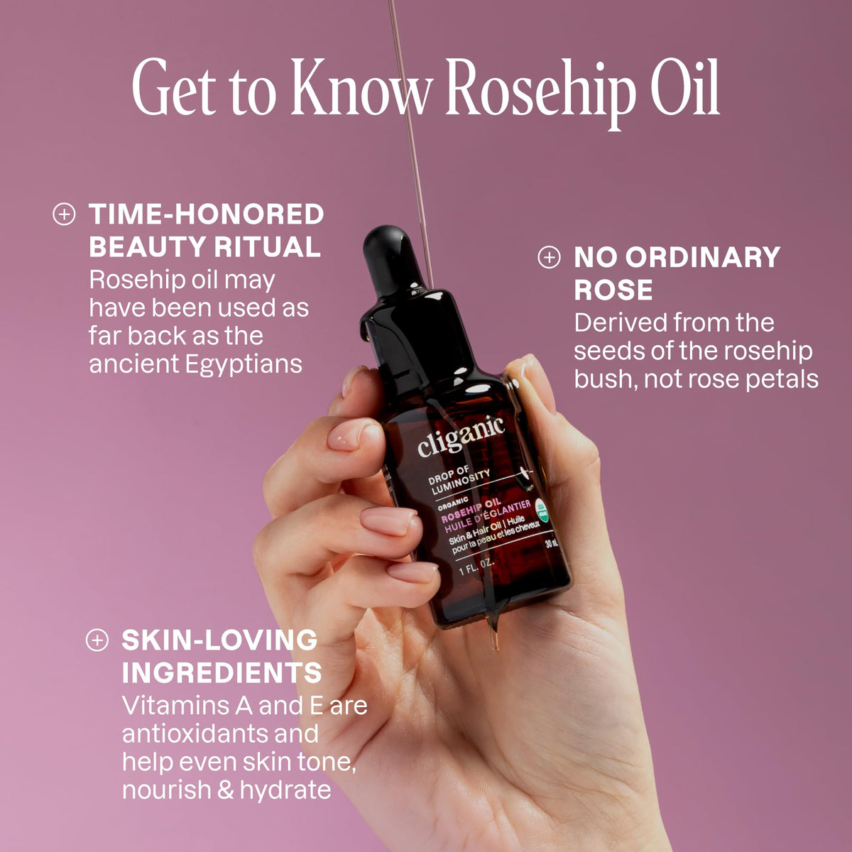 Cliganic Organic Rosehip Seed Oil for Face, 100% Natural Cold Pressed, 1oz Cliganic