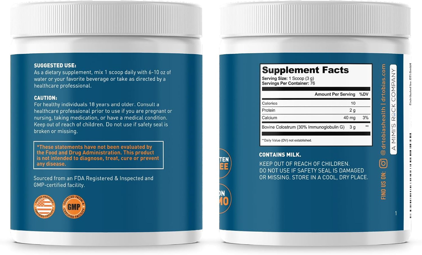 Dr. Tobias Colostrum Powder - Premium Bovine Colostrum Supplement for Immune Support, Gut Health & Muscle Recovery | 3g Per Serving Minimum 30% IgG Unflavored (8 oz 76 Servings)