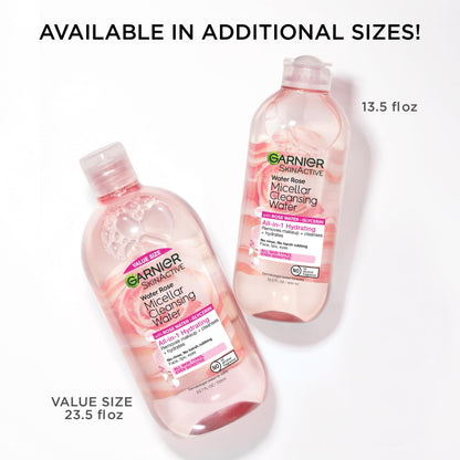 Garnier Micellar Water with Rose Water and Glycerin, Hydrating Facial Cleanser & Makeup Remover, For All Skin Types, Vegan, Cruelty Free, 13.5 Fl Oz (400mL), 1 Count Garnier