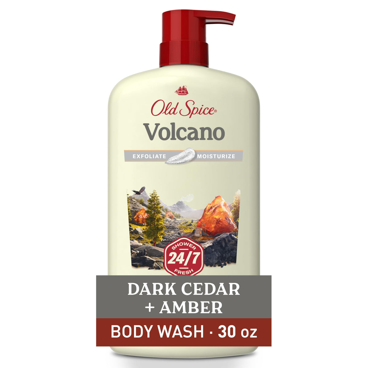 Old Spice Cleansing Body Wash for Men, 24/7 Shower Fresh with Lasting Scent, Exfoliate & Moisture, Gentle on Skin, Vitamin B3, Volcano with Dark Cedar + Amber Scent, 30 oz Old Spice