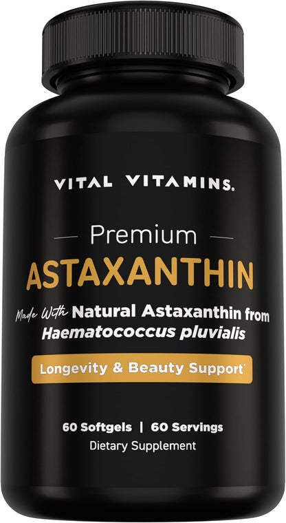 Vital Vitamins Astaxanthin 12mg Softgels for Skin Hydration & Elasticity | Natural Astaxanthin from Microalgae, Antioxidant Protection for Skin, Eyes & Exercise Recovery, Vegan, 60 Softgels Gsupps Australia