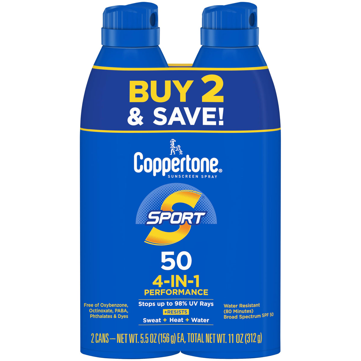Coppertone Sport Sunscreen Spray SPF 50, Water Resistant Spray Sunscreen Pack, 5.5 Oz, Pack of 2 (Packaging May Vary) Coppertone