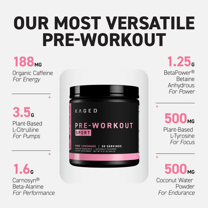 Kaged Sport Pre Workout Powder for Men & Women, Pink Lemonade, Sport Certified, 188mg Caffeine, Nitric Oxide, Beta Alanine, 20 Servings Kaged