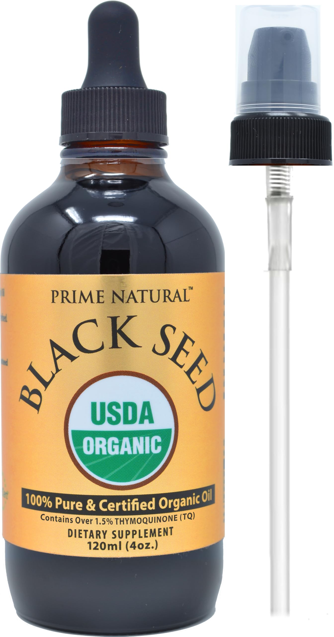 Prime Natural Organic Black Seed Oil 4oz - Cold Pressed Unrefined High Thymoquinone 1.7% USDA Certified - Turkish Origin Potent Nigella Sativa Liquid PRIME NATURAL