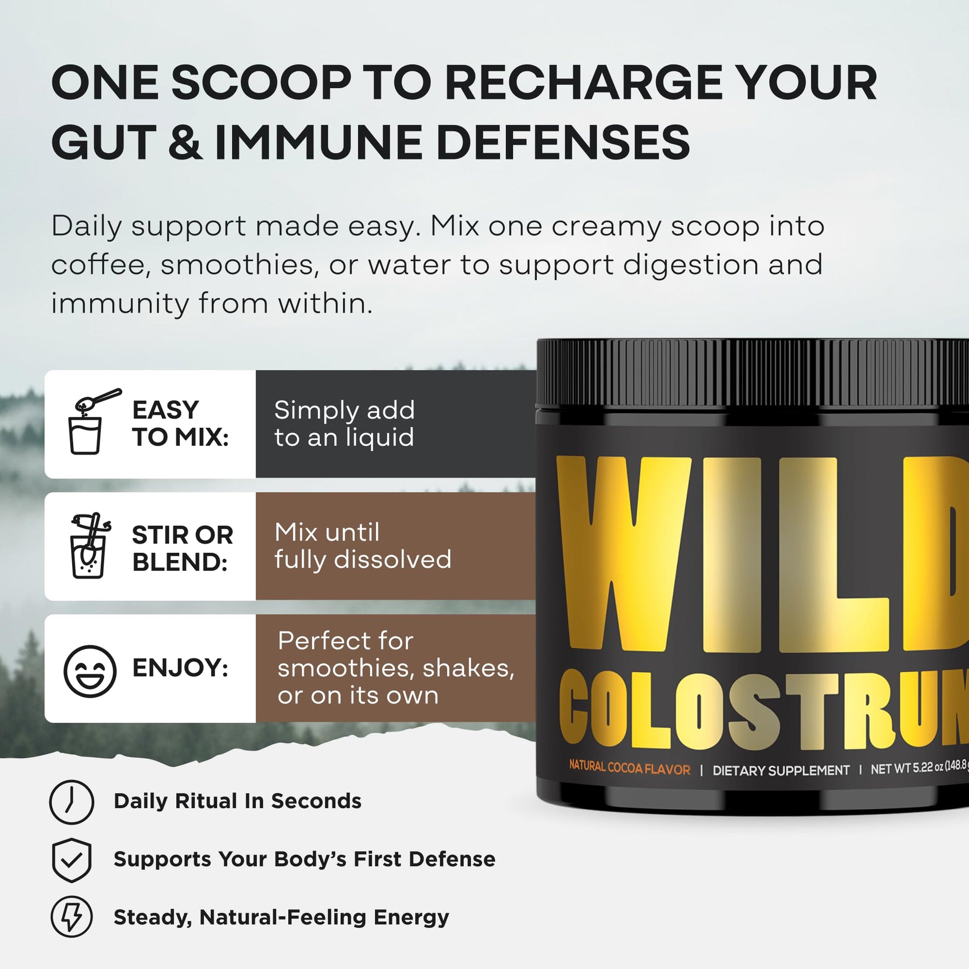 Colostrum Supplement - Grass Fed Pure Bovine Colostrum Powder - 2000mg & 400mg IgG (calostro bovino) - Gut, Immunity, Skin, Hair Support - Sugar Free, Natural Cacao Flavour, 30 Servings Wild Foods buy australia supplements