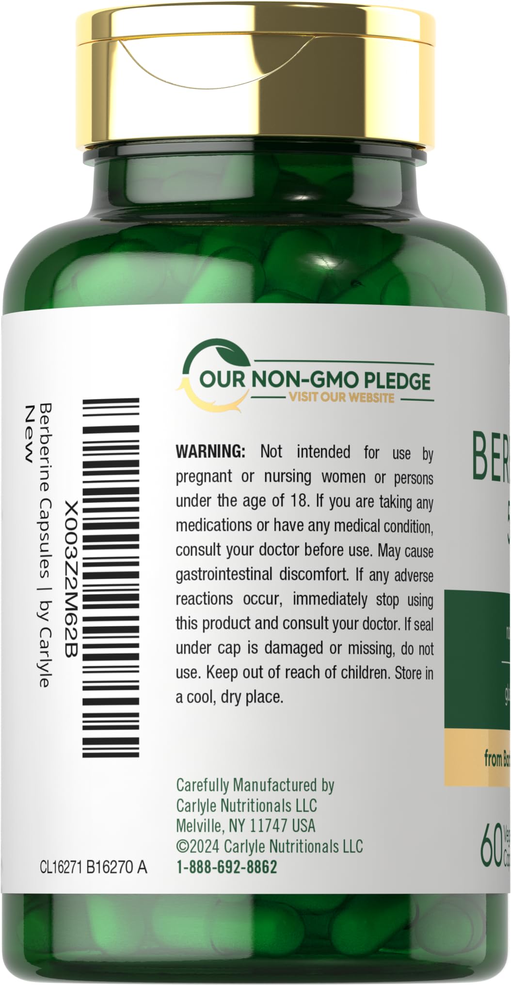 Carlyle Berberine HCL Supplement | 500,000mcg | 60 Capsules | Vegetarian, Non-GMO, Gluten Free Carlyle