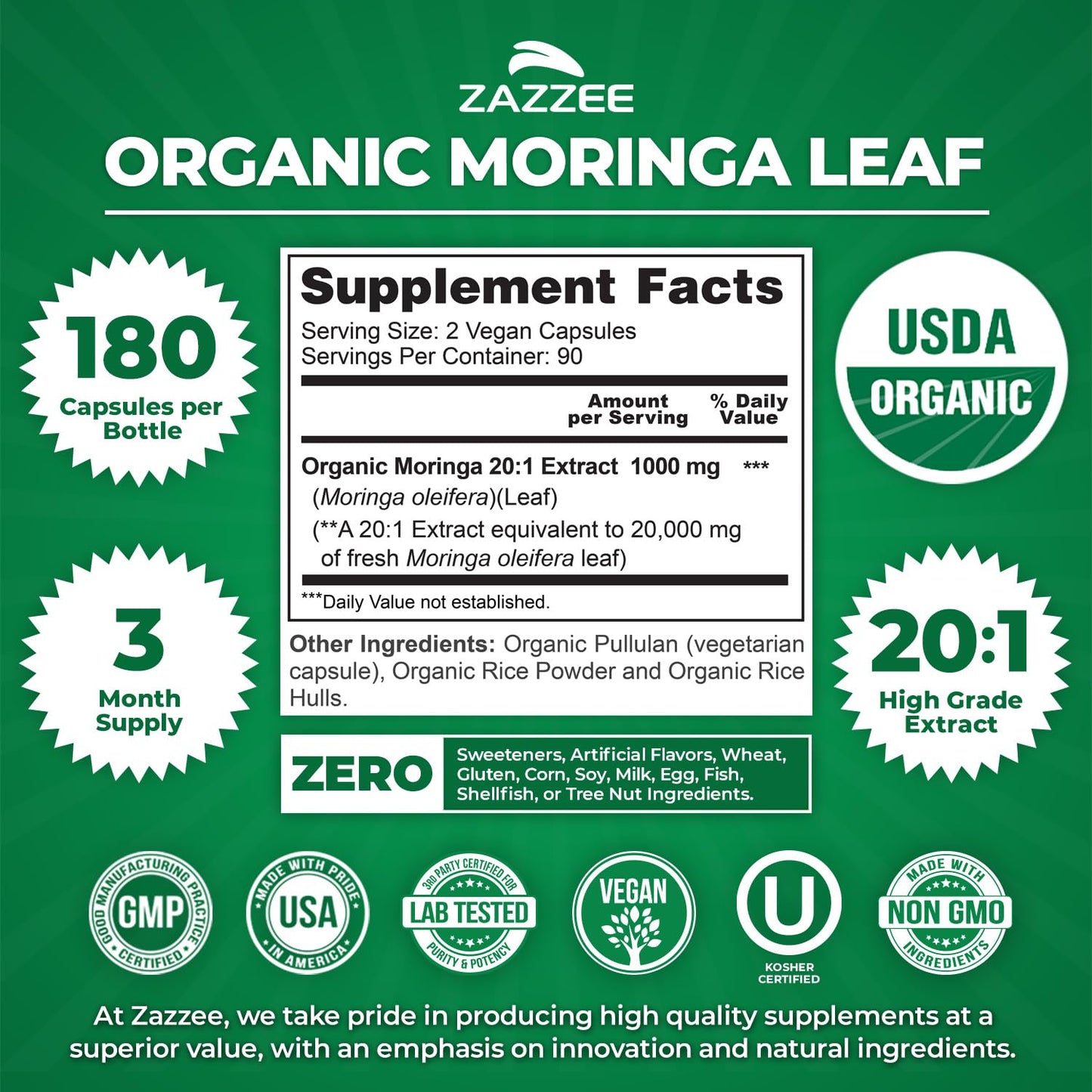 Zazzee USDA Organic Moringa Leaf 20:1 Extract, 180 Vegan Capsules, 3 Month Supply, Certified Kosher, Moringa Oleifera, Antioxidant, Immune & Cellular Support Zazzee
